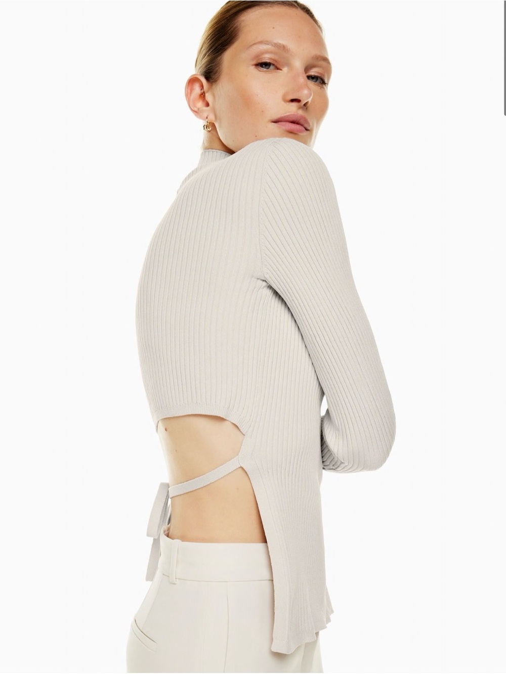 Aritzia Mock Neck Ribbed Long-Sleeve Top in Cream with open back